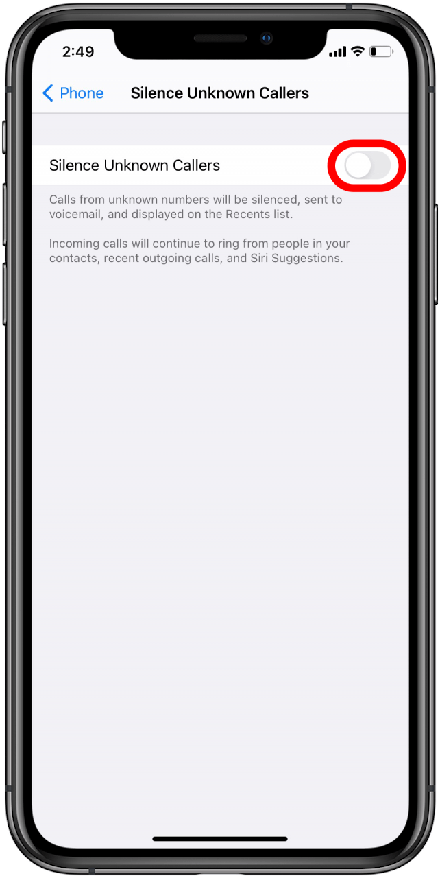Tap the toggle next to Silence Unknown Callers
