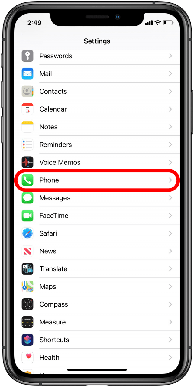 Scroll down and tap on Phone